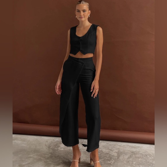 123 Solid Asymmetrical Straight Leg Pants Set - Picture 1 of 2